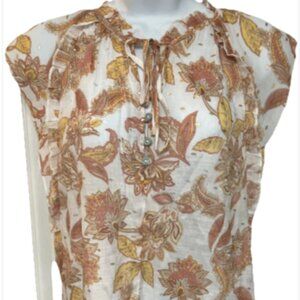 Harve Bernard Small Multicolor Short Cap Sleeve Ruffle Tie Neck Paisley Blouse